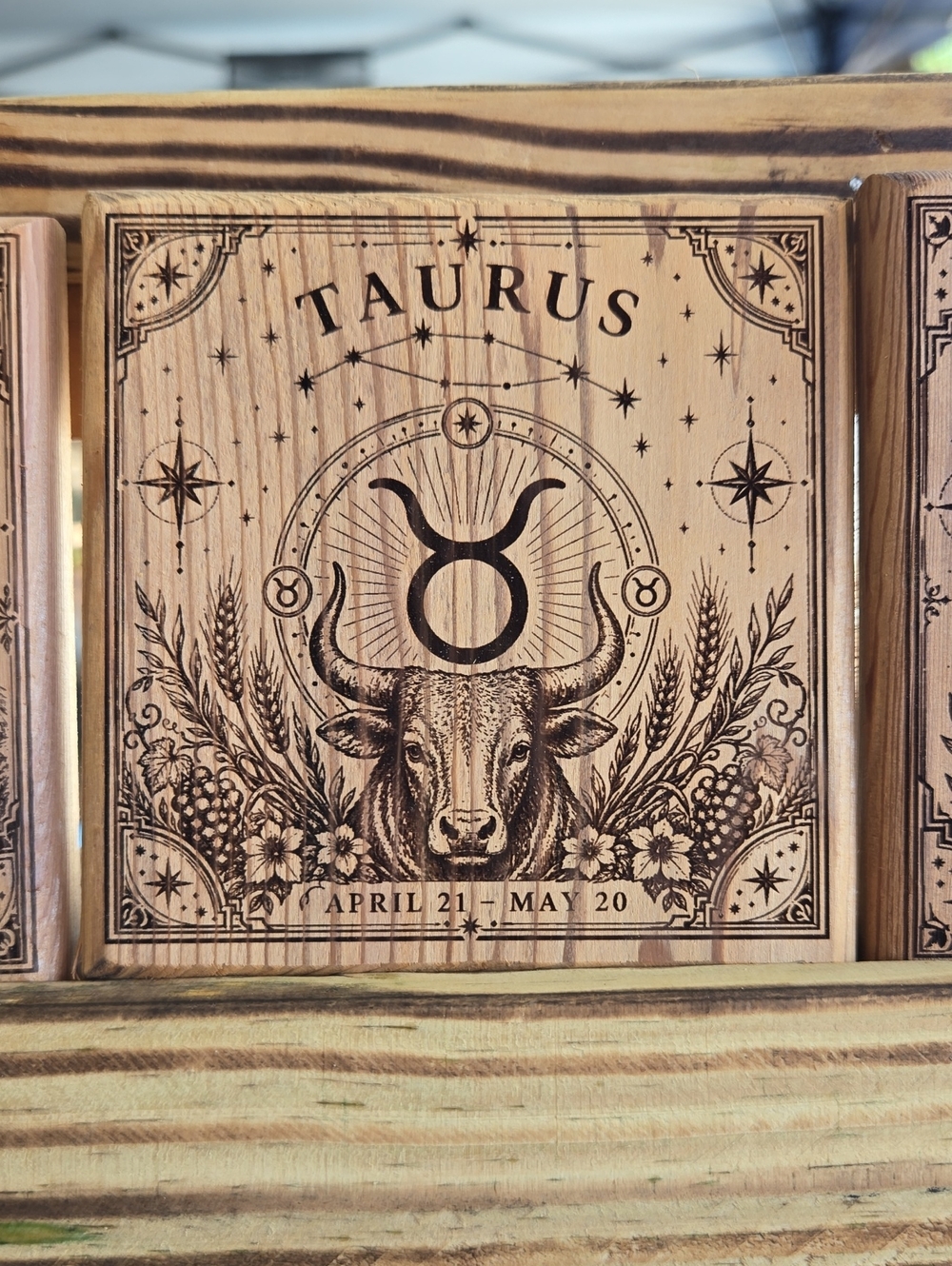 Taurus Engraved Wood Plaque Coaster - Natural Wood Tone
